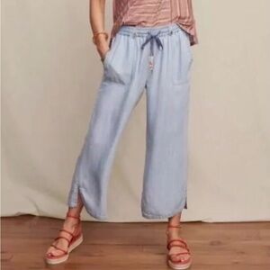 Matilda Jane Chambray Cropped Wide Leg Pants L Blue Floral Hem Boho Costal Chic